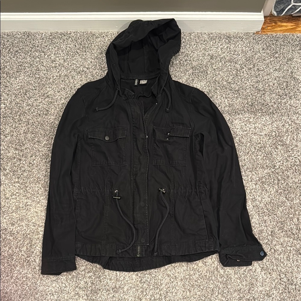 Divided Black Jean Jacket with Hood and Utility Style
